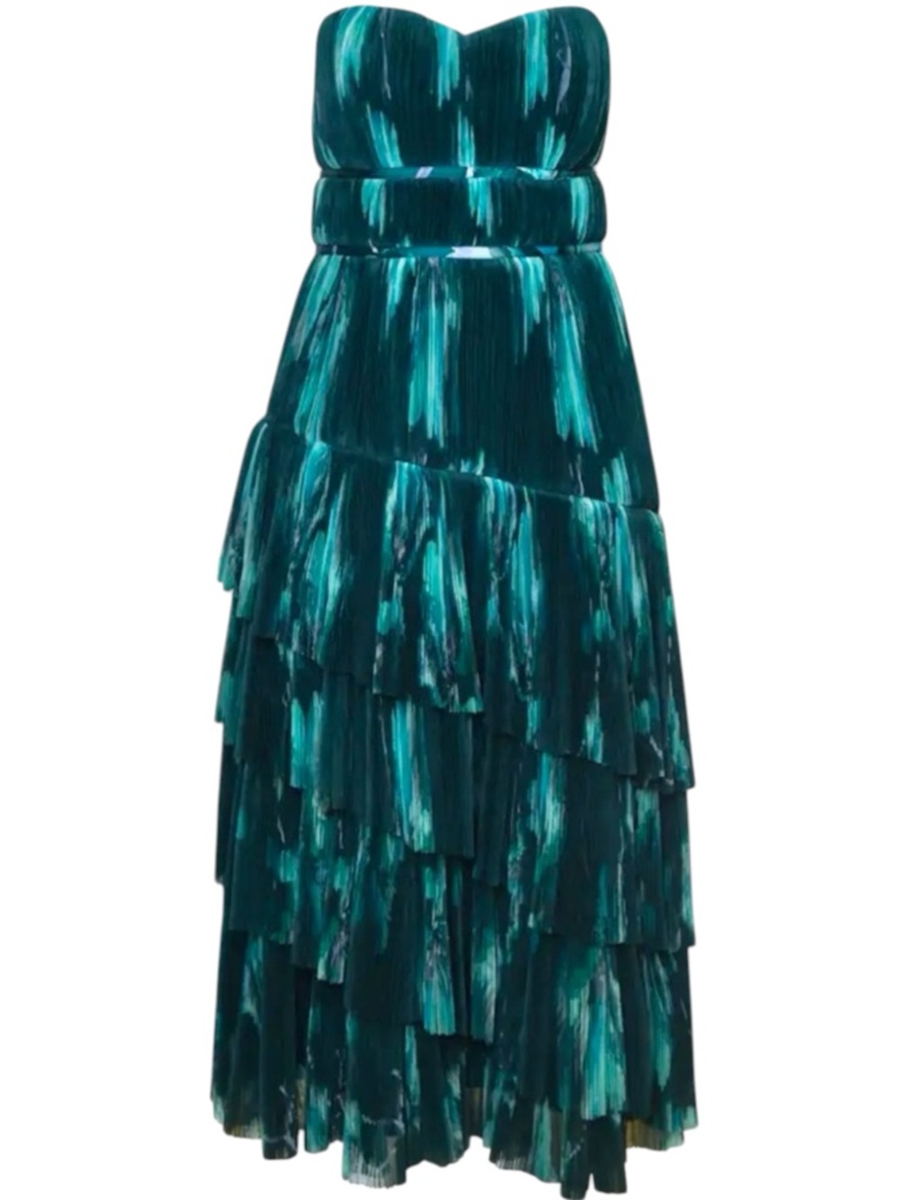 Hutch Strapless Teal & Turquoise Tiered Midi Dress
